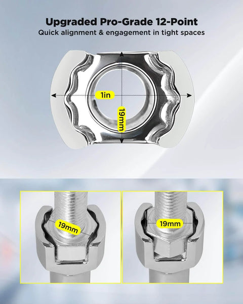 Durable 1/2 in drive impact socket with a 5 in extension, 12-point design, shown in detail, fits 1-5/8, 2-7/16, 3-1/4 in channels