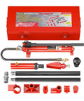 Pro Grade 12 Ton Hydraulic Body Repair Kit With Portable Floor Jack Ram Pump Set, all components displayed, red steel.