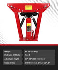 12 Ton Hydraulic Pipe Bender with Six Dies, front view, red frame for copper steel iron tubing, adjustable 90 to 180 degree bends.