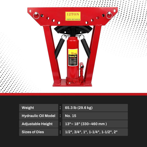 12 Ton Hydraulic Pipe Bender with Six Dies, front view, red frame for copper steel iron tubing, adjustable 90 to 180 degree bends.