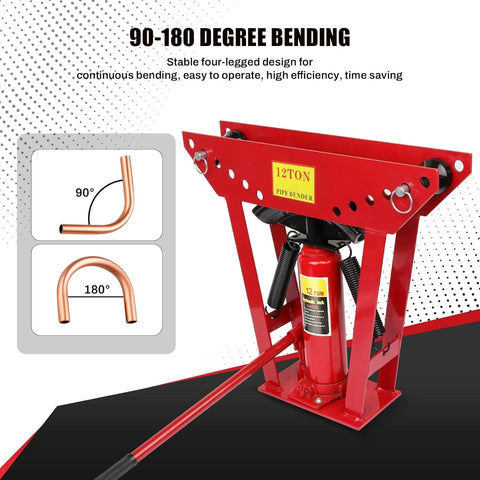 12 Ton Hydraulic Pipe Bender With Six Dies showing 90-180 degree bending capability for copper and steel tubing.