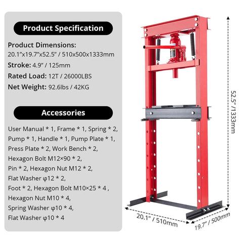 ✝️ 12 Ton Hydraulic Shop Press with Plate, Adjustable H-Frame Garage Floor Hydraulic Benchtop Press specifications and dimensions