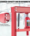 Close-up of 12 Ton Hydraulic Shop Press with Plate, showing adjustable H-frame and carbon steel material for car repair.