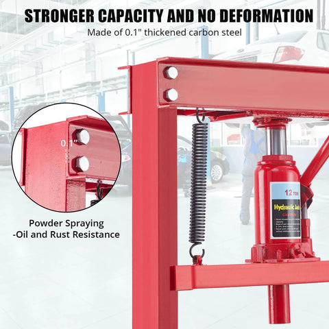 Close-up of 12 Ton Hydraulic Shop Press with Plate, showing adjustable H-frame and carbon steel material for car repair.