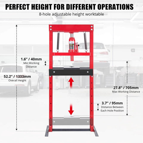12 Ton Hydraulic Shop Press with Plate, Adjustable H-Frame Garage Floor, illustrating height adjustments, for Car Repair Garage replacement.