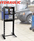 12 Ton Hydraulic Shop Press H Frame With Adjustable Floor Stand for Auto Shop Use displayed in garage.