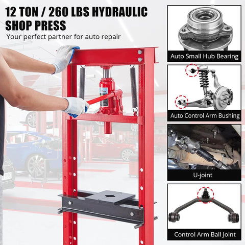 12 Ton Hydraulic Shop Press with Plate, Adjustable H-Frame, used for auto repair shown in a garage setting with car parts.