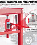 Close-up of 12 Ton Hydraulic Shop Press with Plate showing pressure release valve for safety in car repair garage.