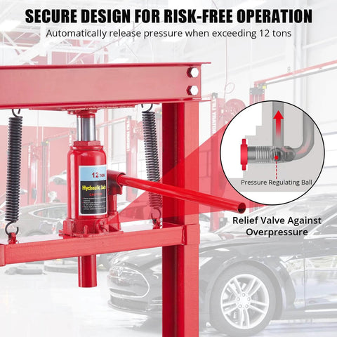 Close-up of 12 Ton Hydraulic Shop Press with Plate showing pressure release valve for safety in car repair garage.