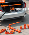 12 Ton Porta Power Kit With Long Handle And 4.6 Ft Hose, Portable Hydraulic Jack For Auto Body Frame Repair, Cars, Trucks, And Farm Use, Easy Setup In A Durable Storage Case, Heavy Duty Lifting And Quick Assembly displayed near car trunk