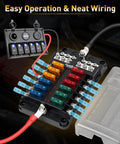 12 Way Fuse Block With LED Indicator For 12V Marine Auto Boat RV And More, showing 36 blade fuses in a waterproof panel.