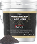 120 Grit Aluminum Oxide Blast Media 8 pounds bucket for metal finishing and rust removal, shown with sample of media