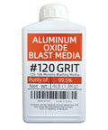 120 Grit Aluminum Oxide Sandblasting Medium For Cabinets And Machines 4 Lbs 1.8 Kg Reusable Low Dust Abrasive Purity 99.5 Percent Ideal For Rust Paint Scale Removal And Achieving An Even Satin Finish. Bottle label reads aluminum oxide blast media with 99.5% purity and net weight 4LB (1.8KG).