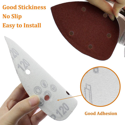 Close-up of 120 Grit Mouse Detail Sander Sandpaper 50 Pcs 5 Hole Hook And Loop 140mm Sheets, showing front and back with 5-hole pattern.