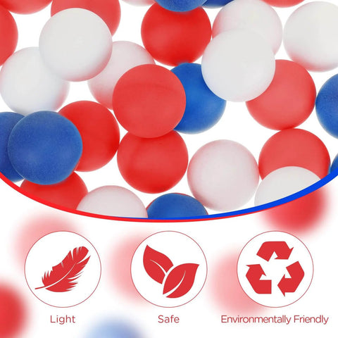 120 Pack Colored Table Tennis Balls 40 mm Plastic Balls Bulk for 4th of July Carnival Wedding Pool Games in red, blue, and white colors