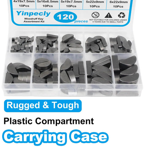 120 Piece Woodruff Key Set with 10 popular half moon sizes in a plastic compartment case, ideal for metric keyway and key stock.