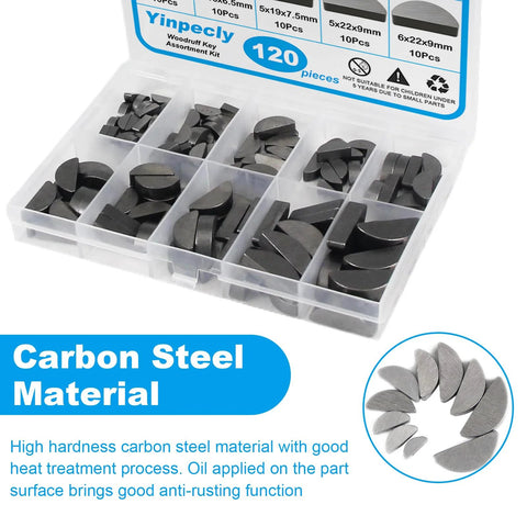 120 Piece Woodruff Key Set With 10 Popular Half Moon Sizes in case, high carbon steel, includes keys for gear engagement.