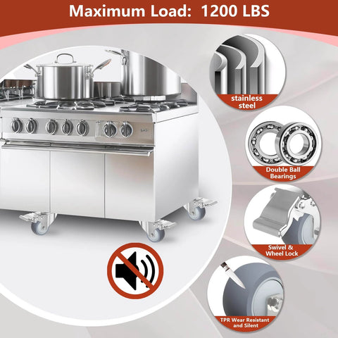 3 inch stainless steel caster wheels with brakes, heavy duty 304 swivel casters featuring quiet TPR wheels in a 4 pack with max load 1200 lbs.