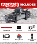 Package contents of 12000lb New Waterproof Electric Steel Rope Winch 12V with hawse fairlead, remote controls, towing strap.