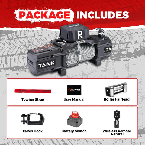 Package contents of 12000lb New Waterproof Electric Steel Rope Winch 12V with hawse fairlead, remote controls, towing strap.