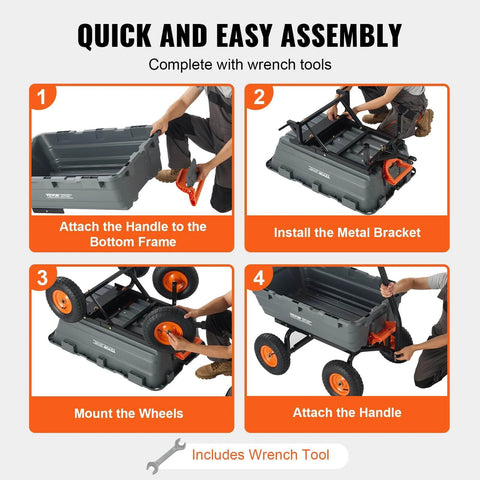 Step-by-step assembly of 1200 lb 7 Cu Ft Garden Dump Cart with 2 in 1 Convertible Handle and 13 Inch All Terrain Wheels.