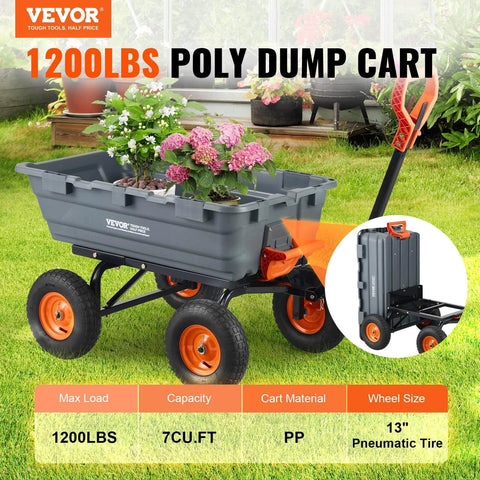 1200 lb 7 Cu Ft Garden Dump Cart with 2 in 1 Convertible Handle 13 Inch All Terrain Wheels loaded with flowers on grass