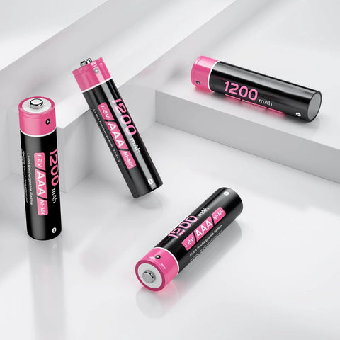 Four 1200mAh AAA rechargeable batteries in black and pink design on a white background.