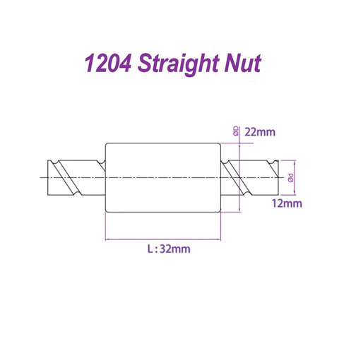 Technical diagram of Ball Screw nut 1PC 1204 Straight Nut 1605 No Flange Suit for Dia 12mm 16mm Ballscrew, shows dimensions.