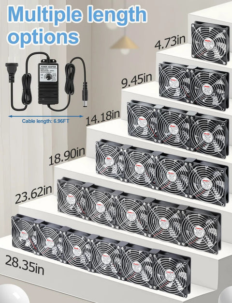 Multiple length options for 120mm computer fan with AC plug and dual ball bearings variable speed controller on steps