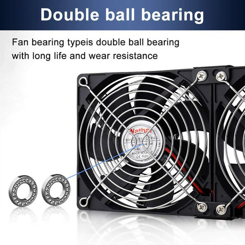 Close-up of Three 120mm Dual Ball Bearing Computer Fans with AC Plug DC 12V high airflow focus, showing durable double ball bearing design.