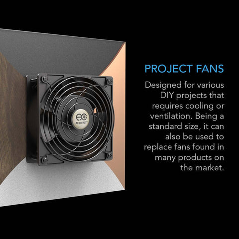 Front view of high speed muffin fan 120mm by 38mm for DIY cooling and ventilation projects 115V AC with heavy duty aluminum frame.