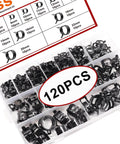 120 Piece Hose Clamp Kit With 7 To 22 Millimeter Black Spring Band Clamps in case, showing different sizes.