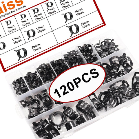 120 Piece Hose Clamp Kit With 7 To 22 Millimeter Black Spring Band Clamps in case, showing different sizes.