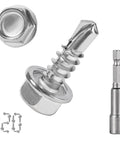 Close-up of 120PCS #8 x 1/2 Inch Sheet Metal Screws 410 Stainless Steel Hex Washer Head Fast Self Tapping Screws Silver with Driver Bit