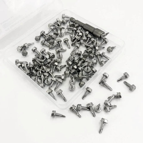 Clear box of 120PCS #8 x 1/2 Inch Sheet Metal Screws 410 Stainless Steel Hex Washer Head Fast Self Tapping Screws Silver with Driver Bit.