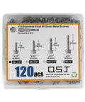 120PCS #8 x 1/2 Inch Sheet Metal Screws 410 Stainless Steel Hex Washer Head Fast Self Tapping Screws Silver with Driver Bit in packaging