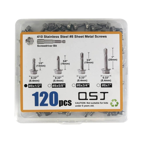 120PCS #8 x 1/2 Inch Sheet Metal Screws 410 Stainless Steel Hex Washer Head Fast Self Tapping Screws Silver with Driver Bit in packaging