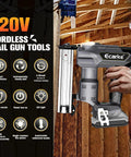 Man holding 120V cordless nail gun tool with features listed.