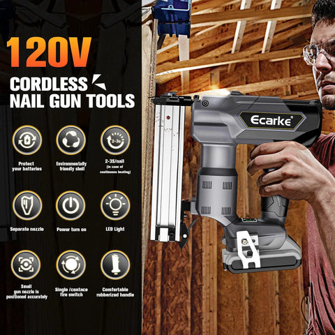 Man holding 120V cordless nail gun tool with features listed.