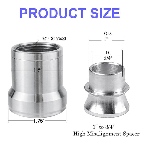 1.25 inch Heim joint rod end kit with tube adapters, misalignment spacers, jam nuts diagram showing dimensions