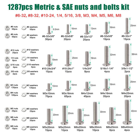 Twidec/2002PCS 304 Stainless Steel Hardware Assortment Kit, Metric & SAE nuts and bolts kit layout with various sizes and types.