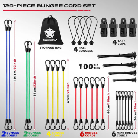 Heavy Duty Bungee Cords With Hooks Kit 129 Pieces Including 18, 20, 32, And 40 Inch Elastic Ropes Canopy Clips Ball End Ties Carabiner Hooks Zip Ties And Storage Bag For Outdoor Cargo Securement