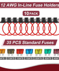 10 Pack Inline Fuse Holder Kit 12V Waterproof 12 AWG With 35 Standard Car Fuses 5A To 40A For Marine Auto And Electrical Circuits