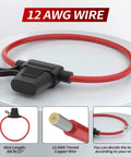 Heavy Duty 12 AWG Inline Fuse Holder For 12V Systems Waterproof In Line Fuse Block shown with detailed wire and fuse cap.
