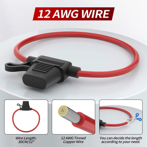 Heavy Duty 12 AWG Inline Fuse Holder For 12V Systems Waterproof In Line Fuse Block shown with detailed wire and fuse cap.