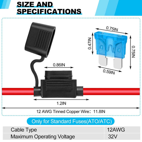 Image showing dimensions of 4 Pack 12AWG Inline Fuse Holders Waterproof Marine Grade Fuse Kit With 35 Standard Fuses Including Five Each Of 5A 7.5A 10A 15A 20A 30A 40A For Beefed Up 12V Car And Boat Electrical Protection.