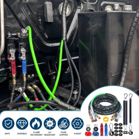 12 Foot 3 In 1 Air Lines Kit For Semi Truck And Trailer Tractor With 16 Inch Double And Single Tender Spring Kits Gladhands Handles Glad Hand Seals And 7 Way Trailer Cord Heavy Duty Durable And Easy To Install shown installed