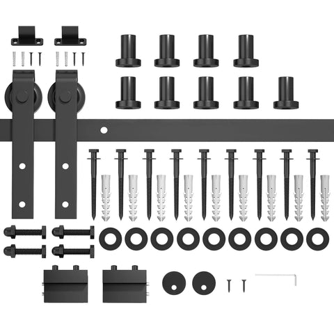 12FT Sliding Barn Door Hardware Kit for Single Doors up to 72 Inch components, heavy duty carbon steel track with rollers and screws.