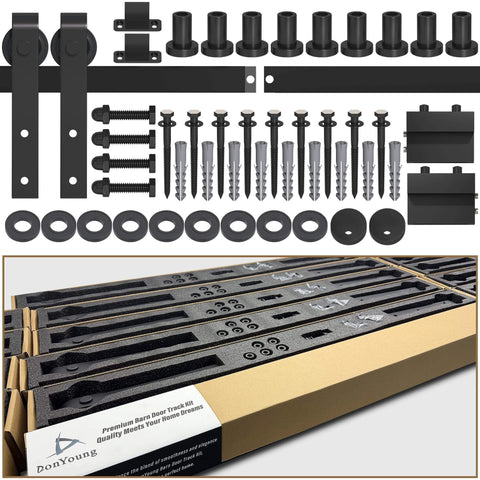 12FT Sliding Barn Door Hardware Kit for Single Doors up to 72 Inch, Heavy Duty Carbon Steel Track displayed with components