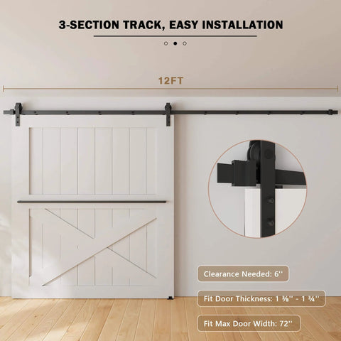 12FT Sliding Barn Door Hardware Kit for Single Doors up to 72 Inch, installed on wall with 3-section track, close-up roller view